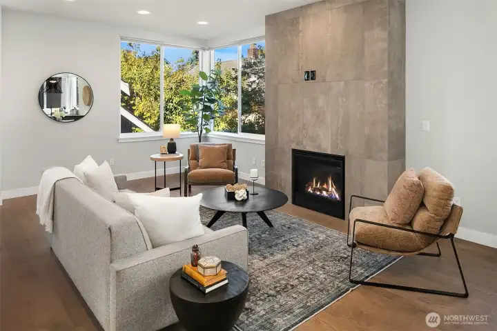 Living room with gas fireplace.