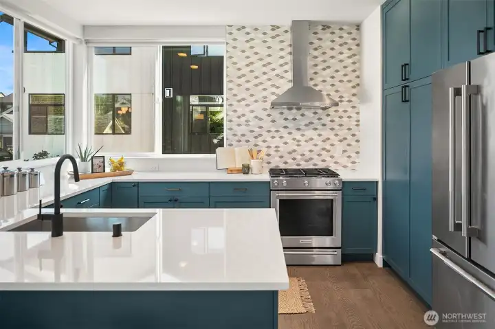 Kitchen with horseshoe countertop.