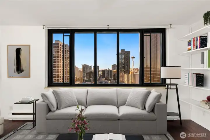 Space Needle views. Furnishings virtually staged.