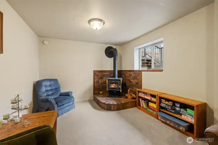 Woodstove in rec room