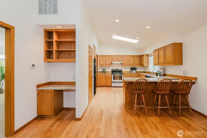 built in bookshelf with deck area
