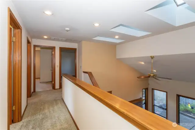 3 large skylights in the vaulted ceiling of the family room, landing to all sleeping rooms.