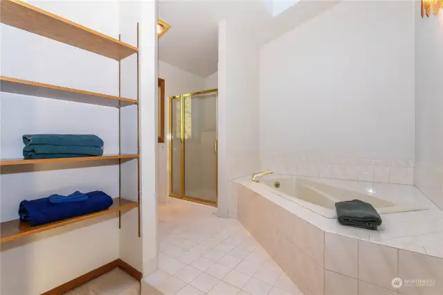 Large soaking tub, separate shower