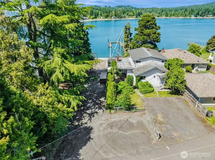 Aerial View of House looking toward the waterfront dock.
