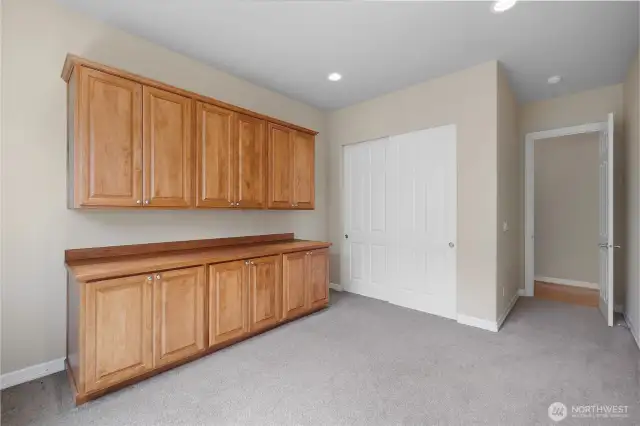 3rd Bedroom/Flex Space with large closet and custom built-in shelves.