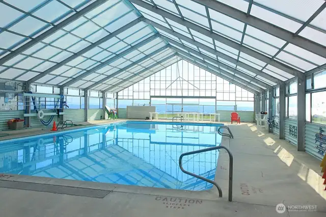 Indoor pool with ocean views.