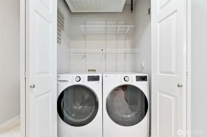 One the other side of the hallway, across from the kitchen is your laundry room. This room features full sized brand new washer and dryer, handy shelving and cleated boarding, on the side, adds additional storage. *At the top of the room is the aquatherm heating system. It's an energy efficient system that provides consistent temps.