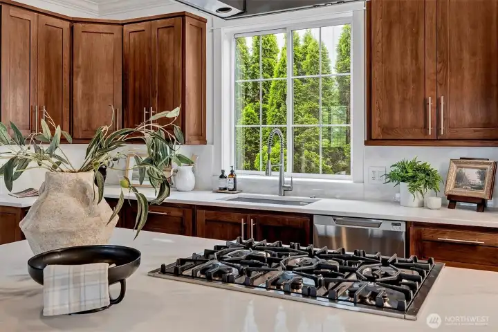 Designer Quartzite stuns in this gorgeous luxury kitchen with an abundance of features! State-of-the-Art appliances for the discerning host including Fisher & Paykel double ovens and dishwasher drawers, 6-burner range with dramatic stainless hood and large single basin sink with retractable brushed nickel faucet and modern hardware elevate this space.