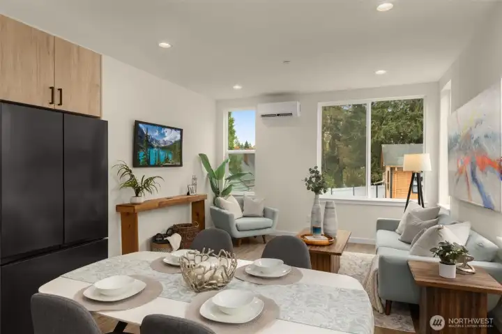 The dining space feels both intimate and grand, anchored by warm wood tones and soft lighting — an ideal setting for candlelit dinners or lively weekend brunches with friends.