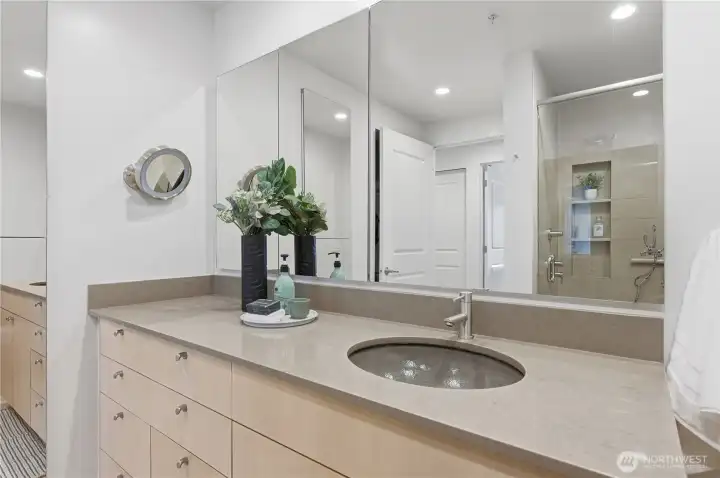 Here's a closer look at the bath vanity with plenty of counterspace.