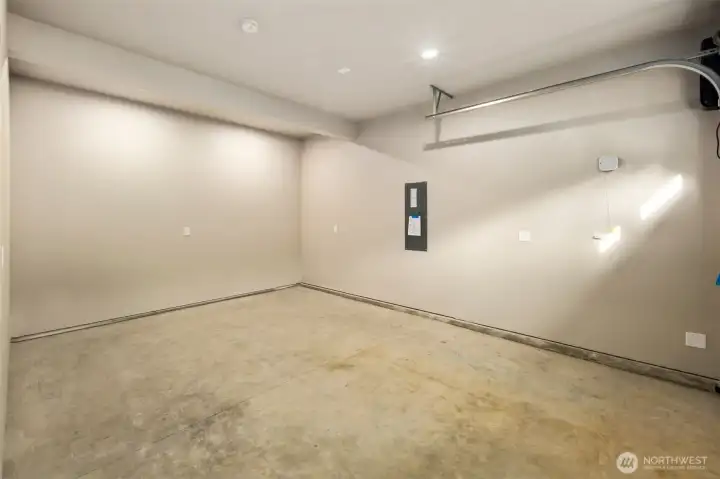 Finished garage wired for EV car charging.