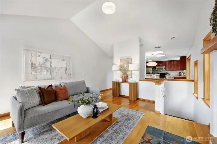 The main living spaces are located on the upper level to maximize privacy and natural light.