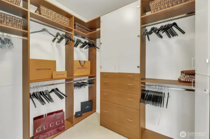 Custom built-ins in the master closet make getting organized easy