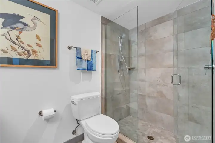 Second bathroom with walk-in shower. Second bathroom with walk-in shower.