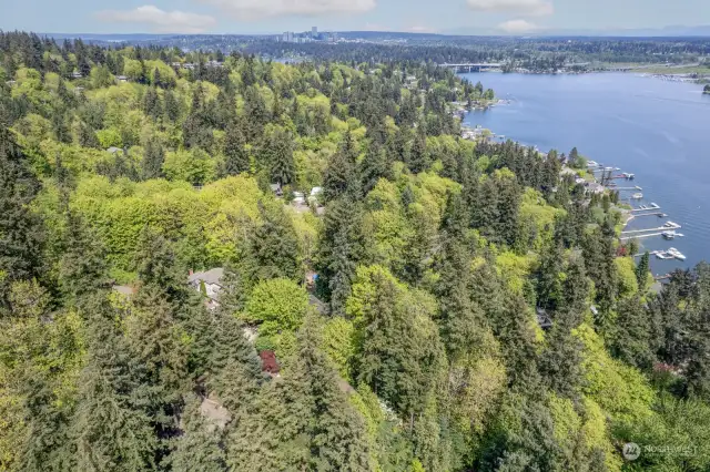 Serene lakeside living meets urban sophistication. Picture-perfect property on Mercer Island, with Lake Washington in the foreground and the skyline of downtown Bellevue in the backdrop.