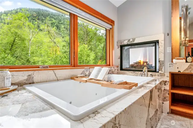 Primary bath with two-sided fireplace and 6ft soaking tub