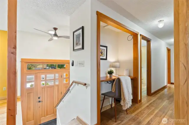 Hall closet cleverly converted into a compact desk nook