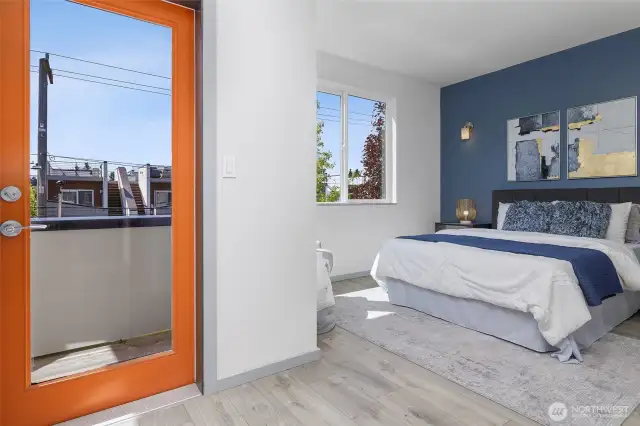 Primary Bedroom has a private deck and walk-in closet