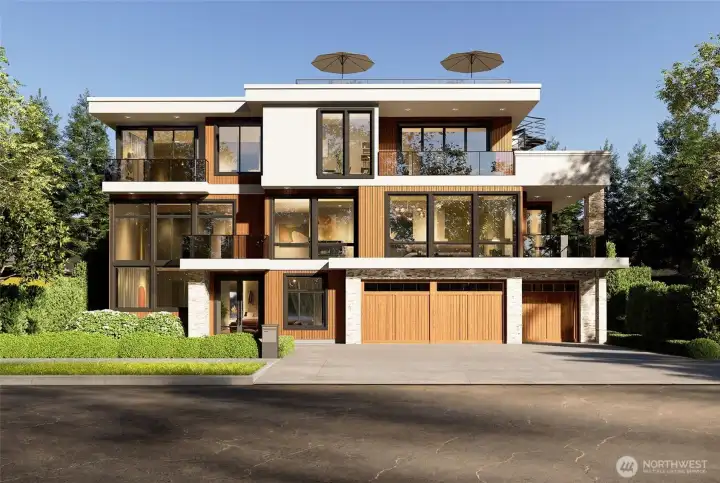 Experience elevated Northwest contemporary new construction by Voyager Homes perched above Lake Washington with stunning, unobstructed water views and a view of Mercer Island. *Exterior Rendering*