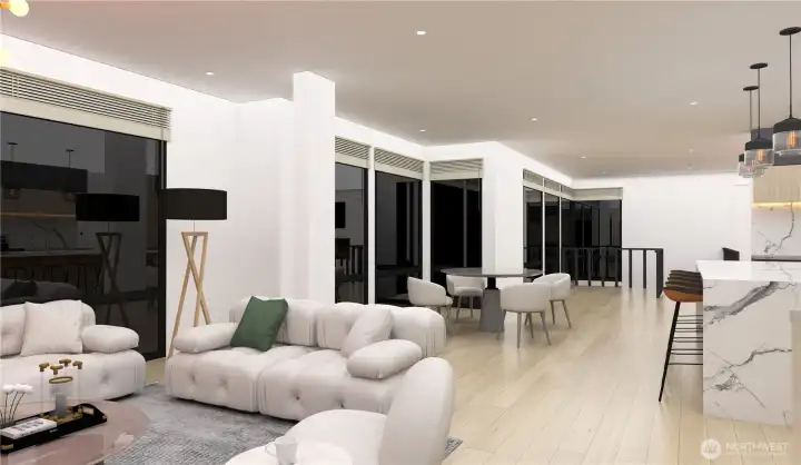 This 5,140 square foot home features 6 beds & 5.5 baths, open floor plan, abundant natural light, luxury finishes, and a rooftop deck capturing sweeping views. *Interior Rendering*