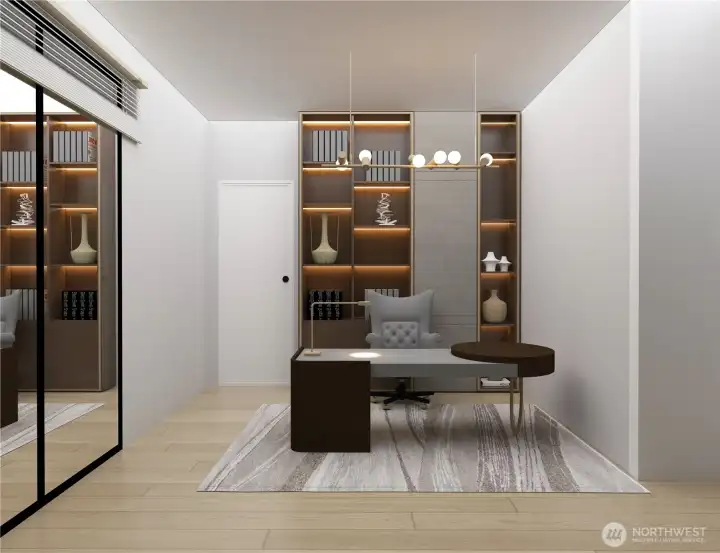 Modern, sophisticated office space featuring sleek finishes, abundant natural light, and a refined design perfect for productivity and style. *Interior Rendering*