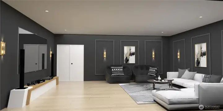 Versatile main-floor theater or game room offering a spacious, immersive setting ideal for entertainment, relaxation, and gatherings. *Interior Rendering*