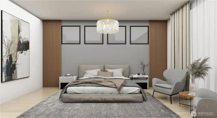 Luxurious and spacious primary suite featuring elegant finishes, serene ambiance, and a retreat-like setting designed for ultimate comfort. *Interior Rendering*