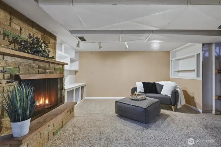Basement, finished, wood fireplace, w2w carpet