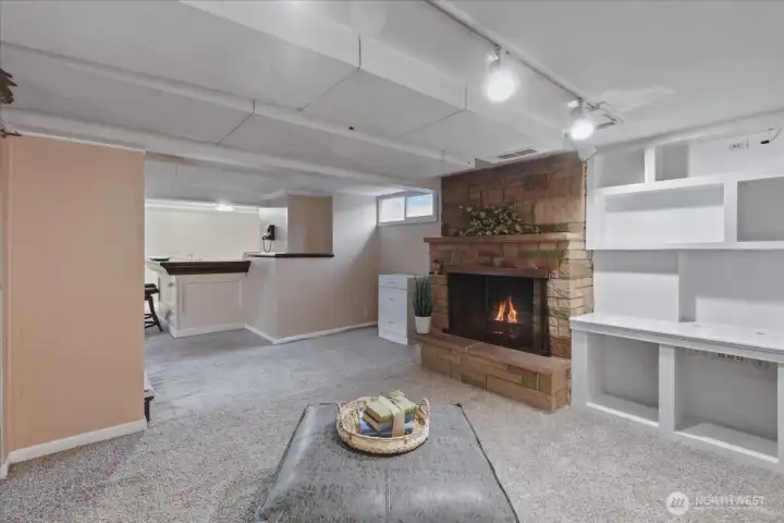 Basement, finished, wood fireplace, w2w carpet