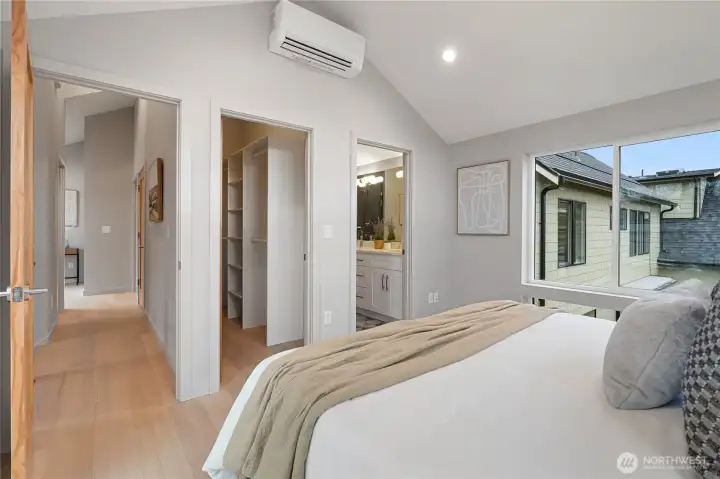 Primary suite has a walk-in closet and an suite bath.