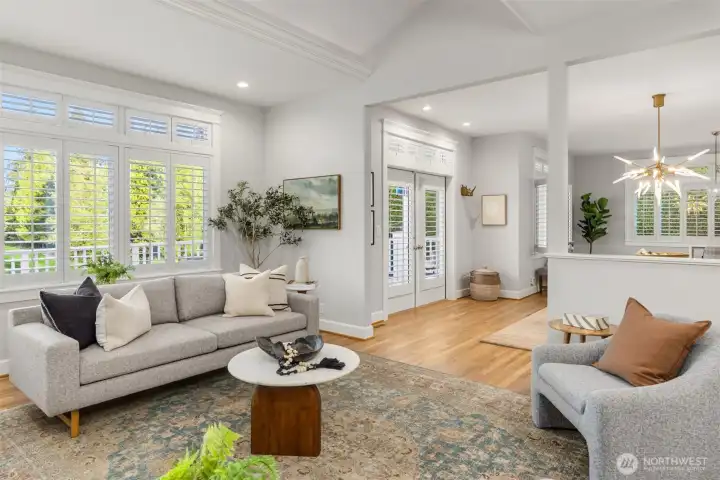 The living room looking into the dining area.