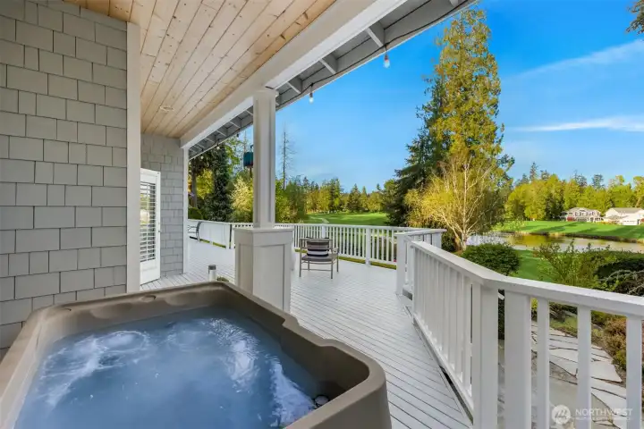 A new 2-person hot tub is under cover on the back deck. Relax and unwind after a fun day on the course.