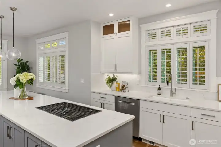Ample counter and cabinetry space in the updated kitchen with thoughtful features like soft close cabinetry, under counter lights, and a double oven plus warming drawer.