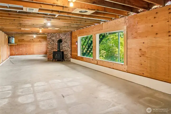 Unfinished basement living room with fireplace.