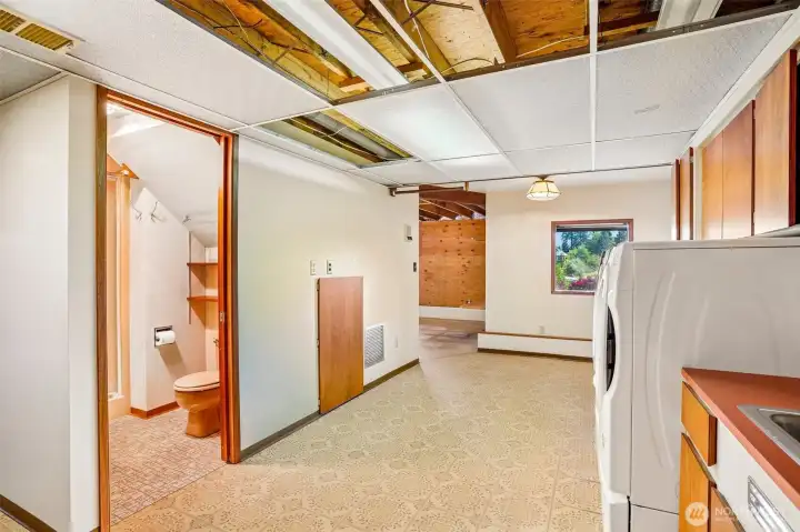 Bathroom off the basement kitchen/laundry room area.
