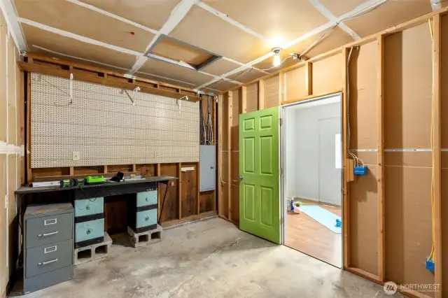 Shop from Family room into flex space. Need a garage? simple to convert back.