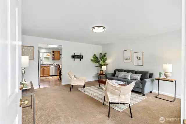 Spacious living room right off the kitchen.