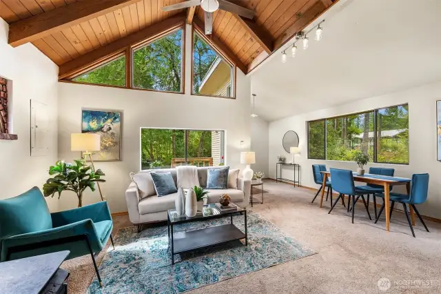 Great Room Streaming Natural Light Surrounded by Nature - Celiing Fan