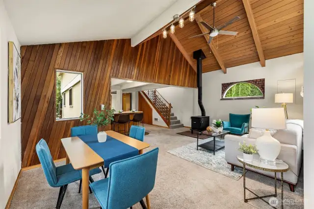 Vaulted Ceilings with Wood Accents - Wood Burning Stove