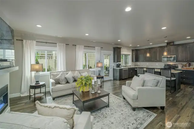 Living Area, Fireplace and Kitchen