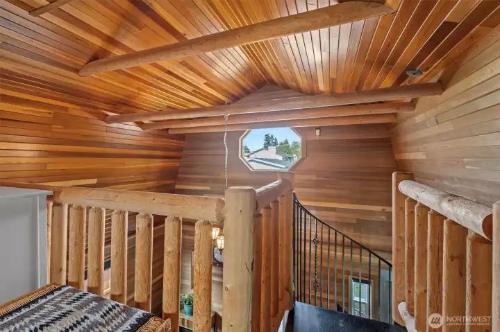Beautiful custom cedar ceilings.