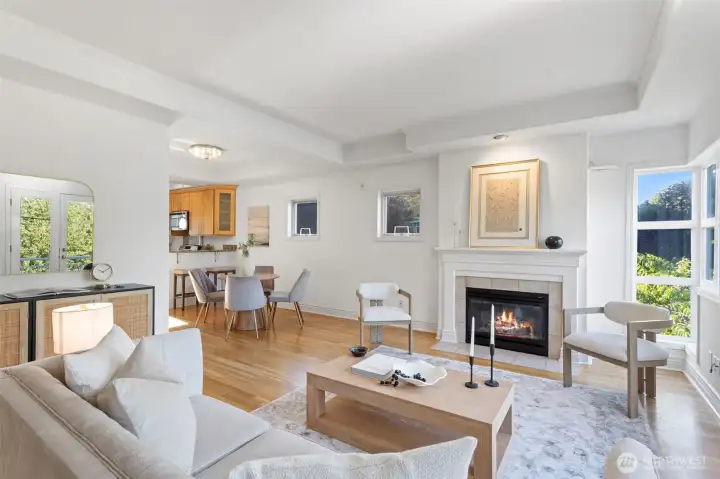 The living room is centered around a cozy gas fireplace for those Northwest winter evenings.