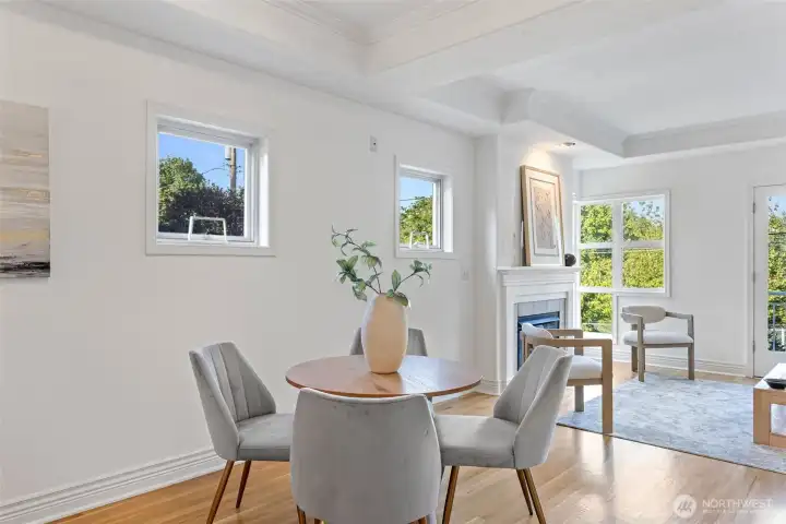 This home boasts room for a large dining table, next to a casual eating bar.