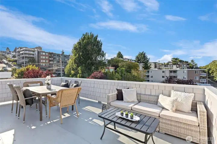 The expansive rooftop deck has views in all directions and room for both dining and living room furniture