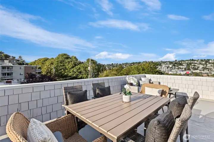 The expansive rooftop deck has views in all directions and room for both dining and living room furniture