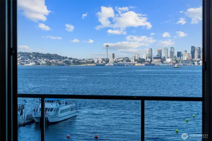 Work in downtown Seattle or enjoy catching sporting events? This view is taken from the expansive view deck, the perfect place to start your morning with a cup of coffee before stepping across the street to the water taxi. From there, you’re whisked effortlessly across the Sound—enjoying a scenic ride downtown while skipping the hassle of traffic and parking altogether.