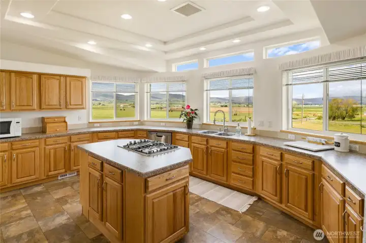 Spacious kitchen with a view out of every window.