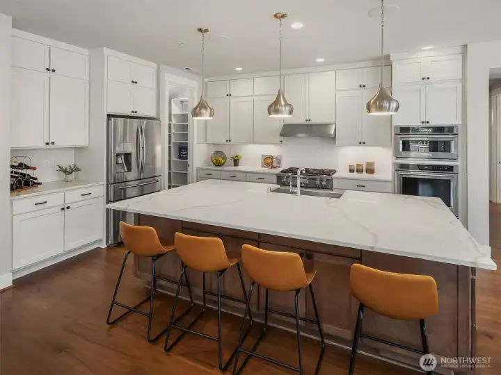 Lots of storage cabinets, shaker cabinets carried to the ceiling, sliders in drawers, ceiling speakers & 6 burner gas range with double oven