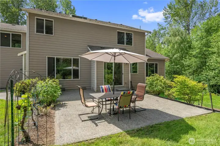 Lovely patio is perfect for sipping cocktails or lemonade. Roses, berries, apples, pears, and garden space for the rest on both sides.