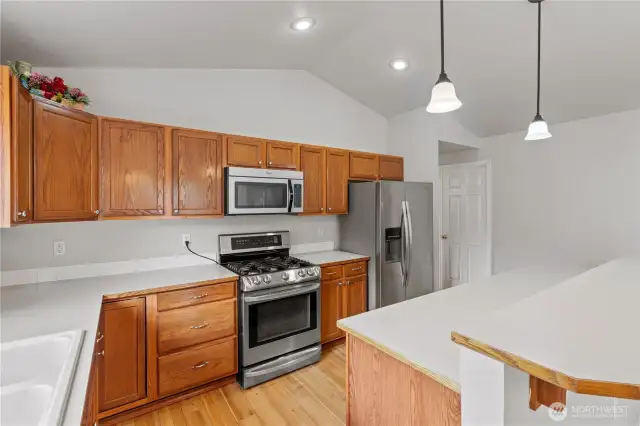 Stainless steel appliances and a gas range.